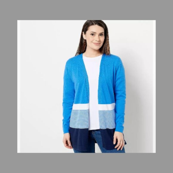 Denim & Co. Women's 2XP Cardigan Stripe Long Sleeve Petite Plus 2X Bright Blue - Picture 1 of 4
